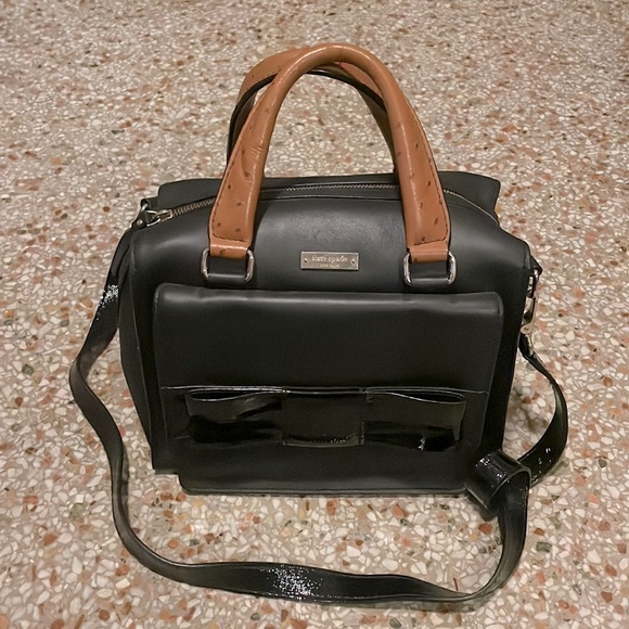 KATE SPADE Bow Bridge Kennedy Black & Tan Ostrich Leather Handbag - Picture 1 of 12